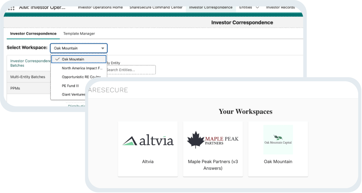 Image of Altvia's LP Portal & VDR, ShareSecure's, admin facing user interface that highlights the workspace functionality.